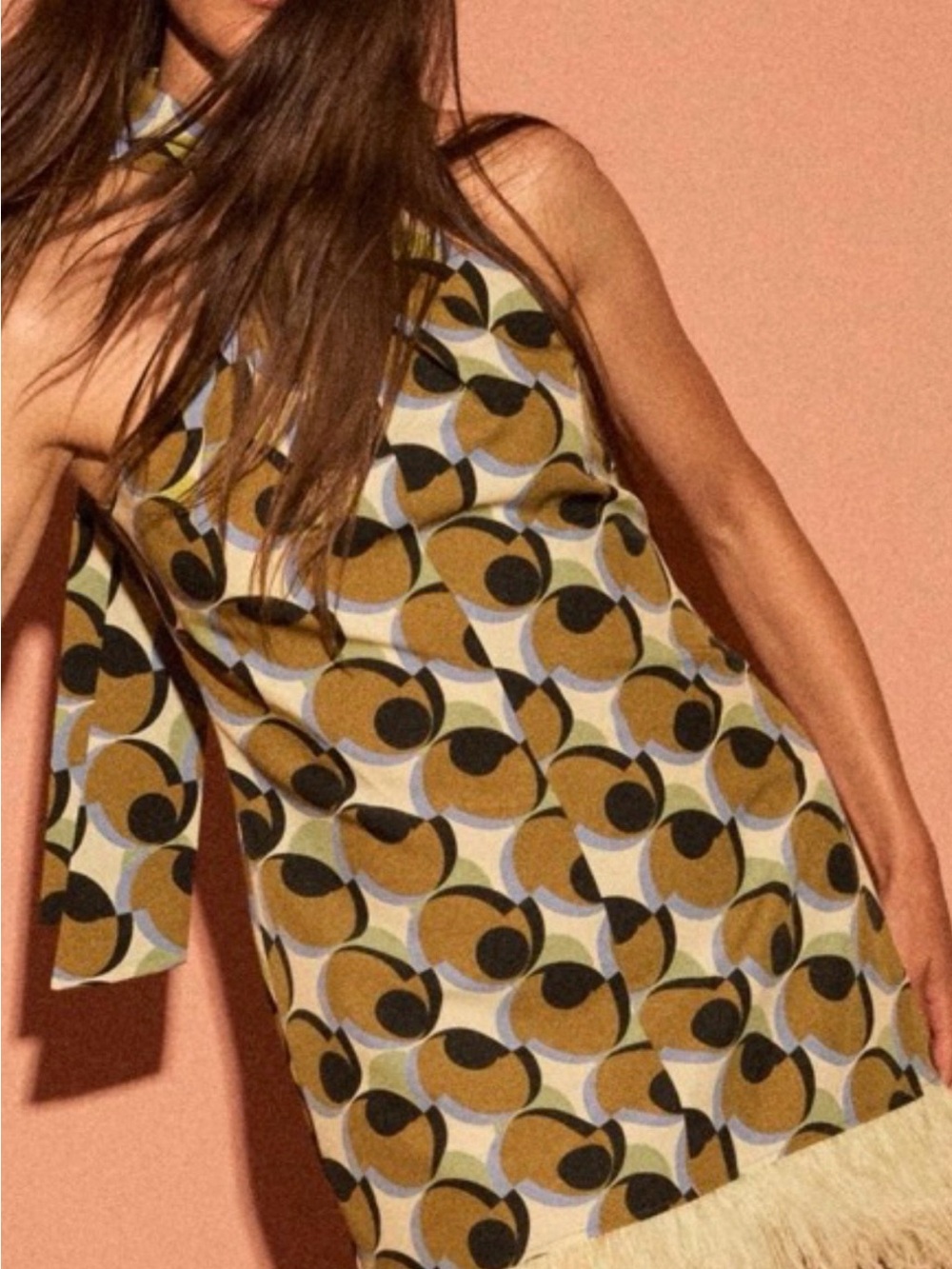 Zara Mustard and Black Geometric Halter Feather dress